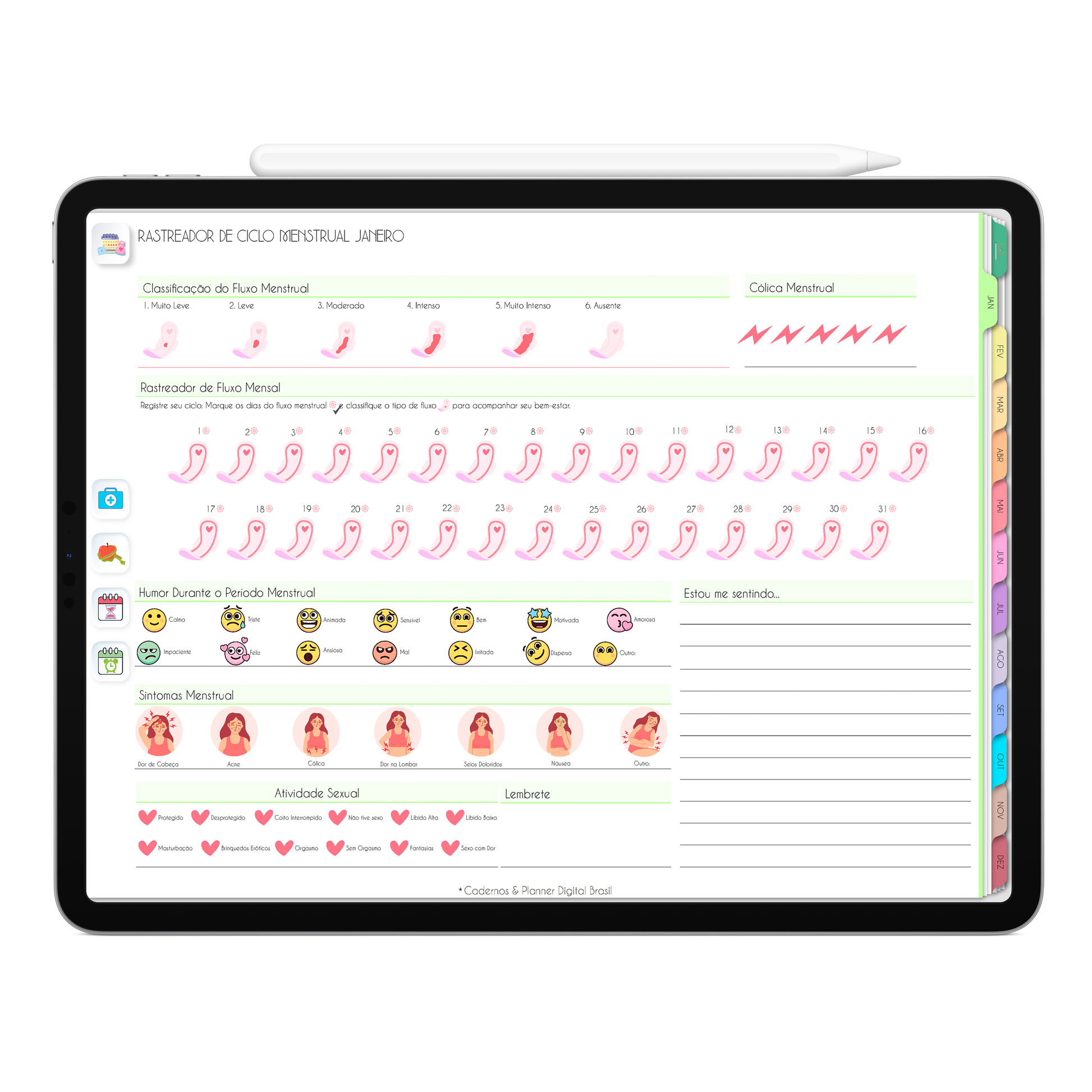 Página de rastreamento de ciclo menstrual. O Melhor Planner Digital 2025 Life In Colors do Mundo para planejar a vida pessoal e profissional, com ativação de lembretes apple calendar, google agenda e inteligência artificial AI Planner no ChatGPT. Planner Digital 2025 para iPad e Tablet Android, Tablet da Samsung. Planeje sua vida no melhor Planner Digital da Cadernos Planner Digital Brasil.