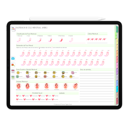 Página de rastreamento de ciclo menstrual. O Melhor Planner Digital 2025 Life In Colors do Mundo para planejar a vida pessoal e profissional, com ativação de lembretes apple calendar, google agenda e inteligência artificial AI Planner no ChatGPT. Planner Digital 2025 para iPad e Tablet Android, Tablet da Samsung. Planeje sua vida no melhor Planner Digital da Cadernos Planner Digital Brasil.