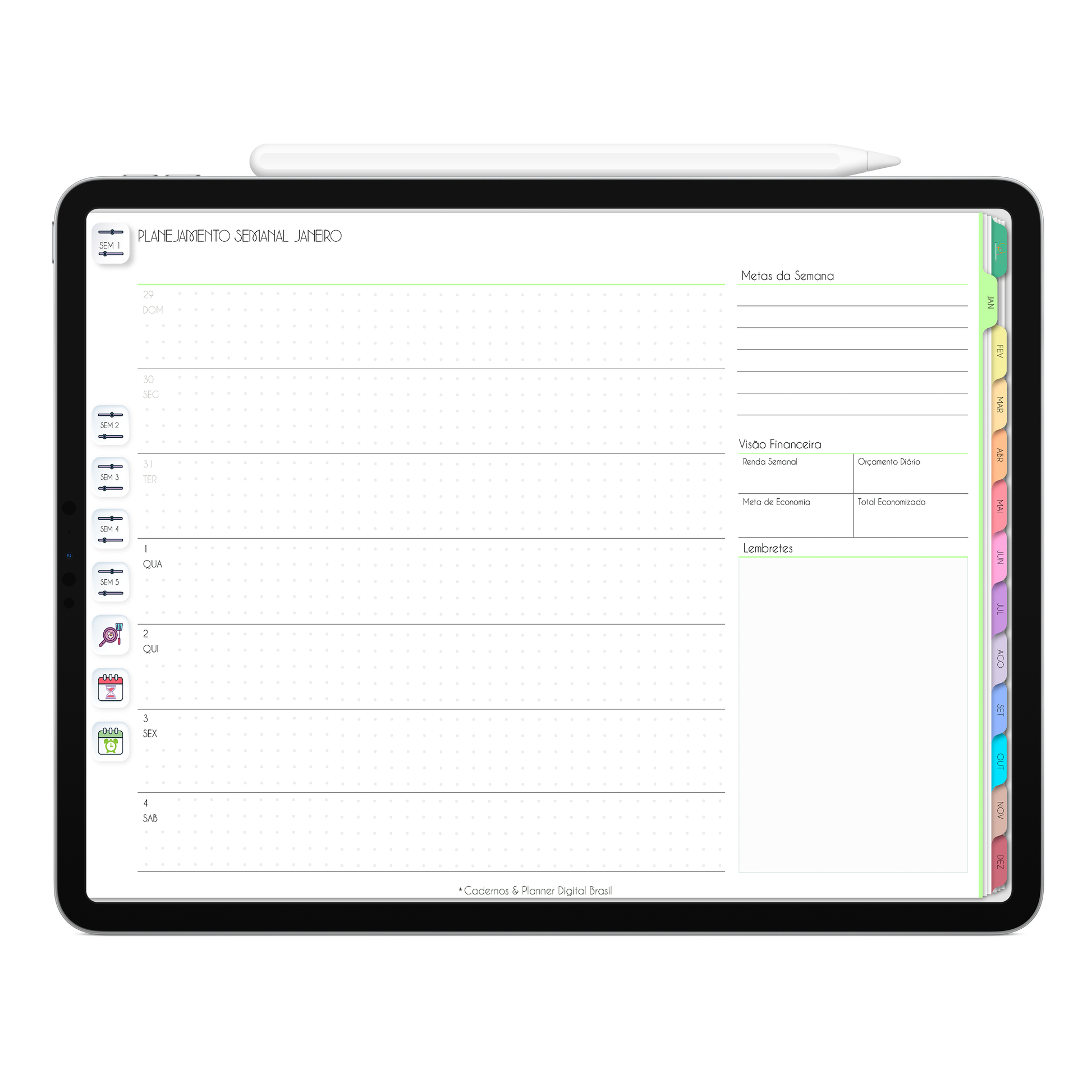 Página de planejamento semanal. O Melhor Planner Digital 2025 Life In Colors do Mundo para planejar a vida pessoal e profissional, com ativação de lembretes apple calendar, google agenda e inteligência artificial AI Planner no ChatGPT. Planner Digital 2025 para iPad e Tablet Android, Tablet da Samsung. Planeje sua vida no melhor Planner Digital da Cadernos Planner Digital Brasil.