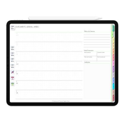 Página de planejamento semanal. O Melhor Planner Digital 2025 Life In Colors do Mundo para planejar a vida pessoal e profissional, com ativação de lembretes apple calendar, google agenda e inteligência artificial AI Planner no ChatGPT. Planner Digital 2025 para iPad e Tablet Android, Tablet da Samsung. Planeje sua vida no melhor Planner Digital da Cadernos Planner Digital Brasil.