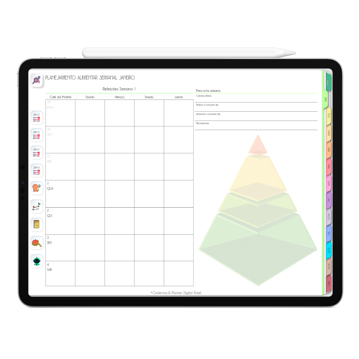 Página de planejamento alimentar semanal. O Melhor Planner Digital 2025 Life In Colors do Mundo para planejar a vida pessoal e profissional, com ativação de lembretes apple calendar, google agenda e inteligência artificial AI Planner no ChatGPT. Planner Digital 2025 para iPad e Tablet Android, Tablet da Samsung. Planeje sua vida no melhor Planner Digital da Cadernos Planner Digital Brasil.