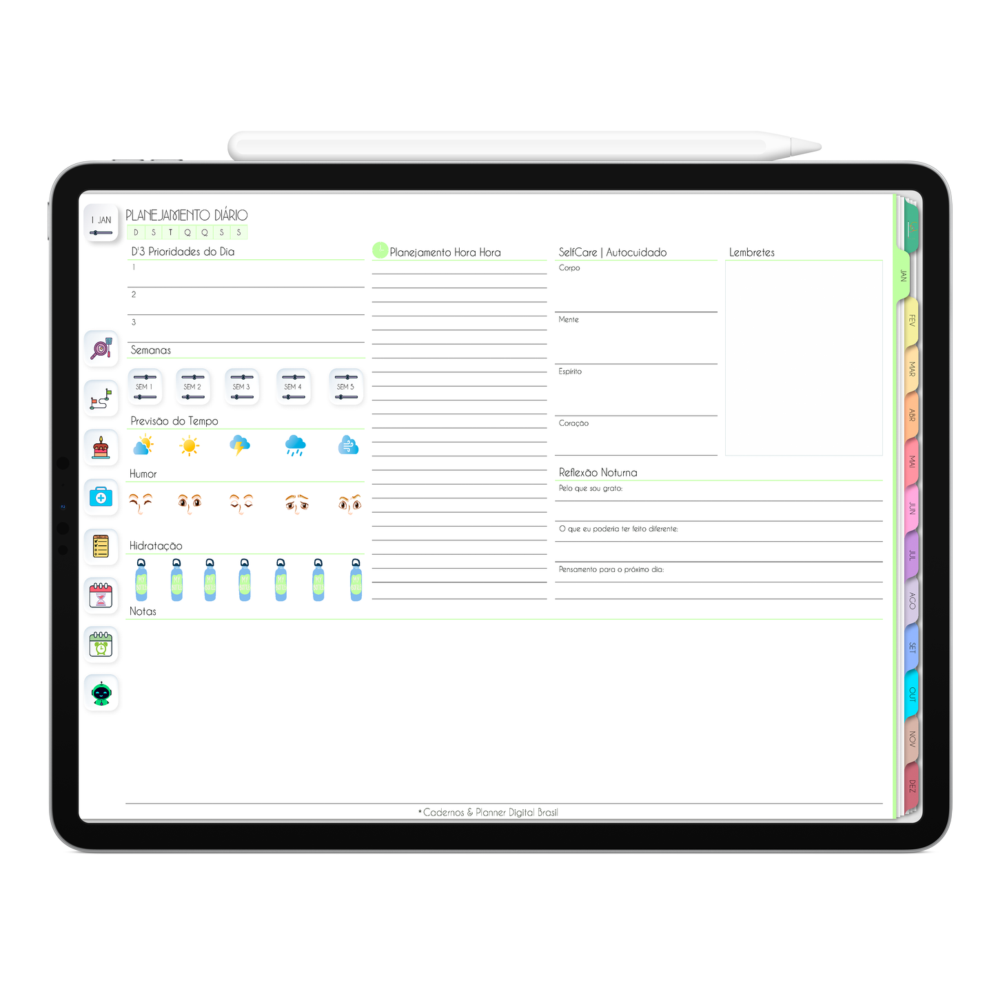 Planner Digital com planejamento diário, com ativação lembretes apple calendar e google agenda e inteligência artificial AI Planner no ChatGPT. Planner Digital 2025 Gratuito download grátis do planner digital para iPad e Tablet Android, tablet da Samsung Planeje sua vida no melhor planner digital da Cadernos  Planner Digital Brasil