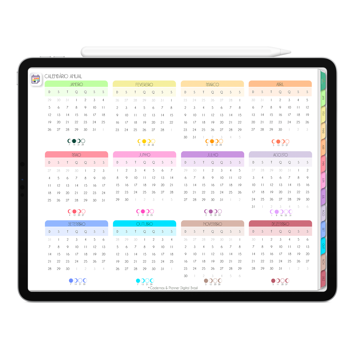 Calendário Anual lunar, com ativação lembretes apple calendar e google agenda e inteligência artificial AI Planner no ChatGPT. Planner Digital 2025 Gratuito download grátis do planner digital para iPad e Tablet Android, tablet da Samsung Planeje sua vida no melhor planner digital da Cadernos  Planner Digital Brasil