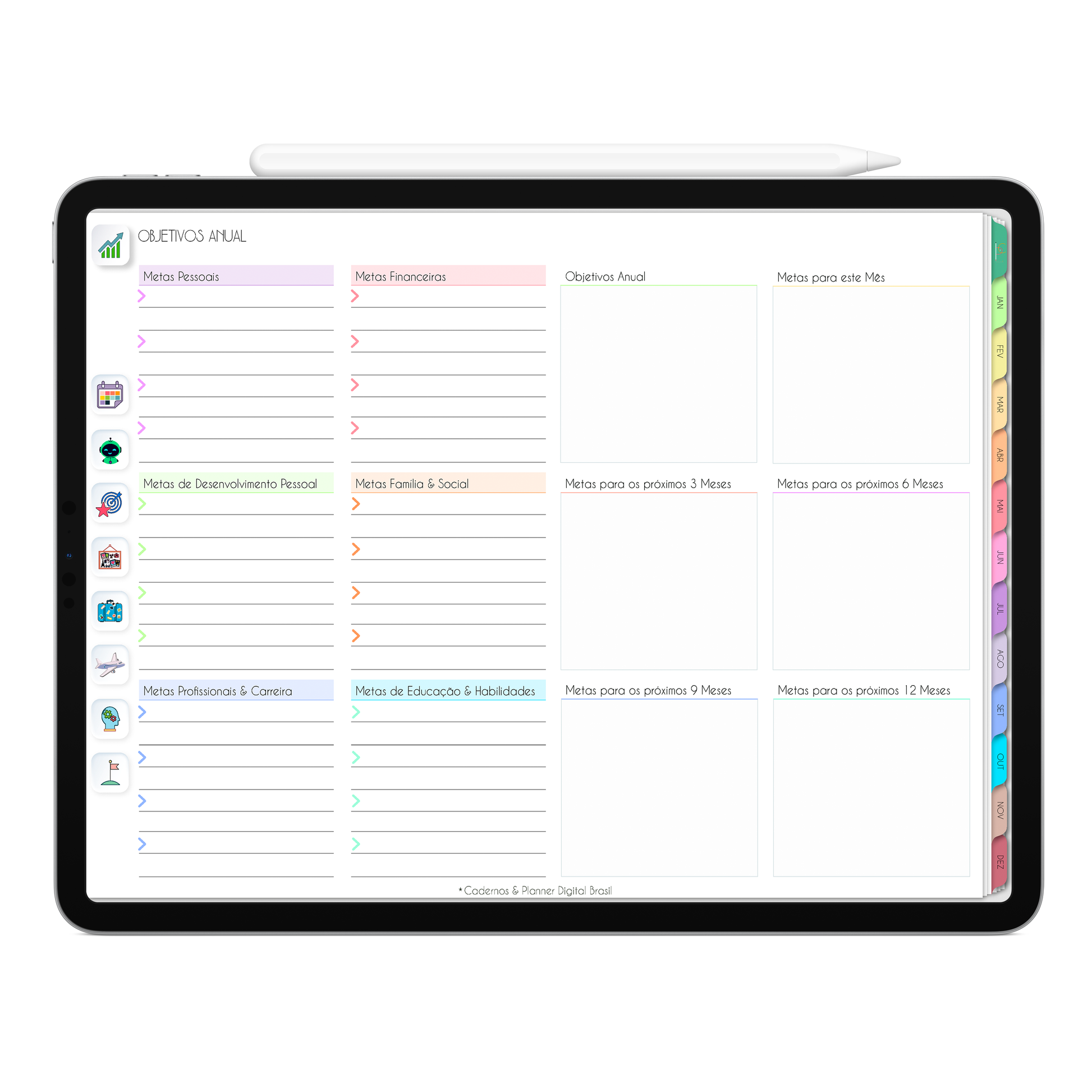 Objetivo Anual, com ativação lembretes apple calendar e google agenda e inteligência artificial AI Planner no ChatGPT. Planner Digital 2025 Gratuito download grátis do planner digital para iPad e Tablet Android, tablet da Samsung Planeje sua vida no melhor planner digital da Cadernos  Planner Digital Brasil