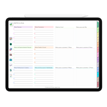 Objetivo Anual, com ativação lembretes apple calendar e google agenda e inteligência artificial AI Planner no ChatGPT. Planner Digital 2025 Gratuito download grátis do planner digital para iPad e Tablet Android, tablet da Samsung Planeje sua vida no melhor planner digital da Cadernos  Planner Digital Brasil