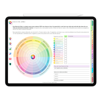 Planejamento Roda da Vida para o ano inteiro, com ativação lembretes apple calendar e google agenda e inteligência artificial AI Planner no ChatGPT. Planner Digital 2025 Gratuito download grátis do planner digital para iPad e Tablet Android, tablet da Samsung Planeje sua vida no melhor planner digital da Cadernos  Planner Digital Brasil