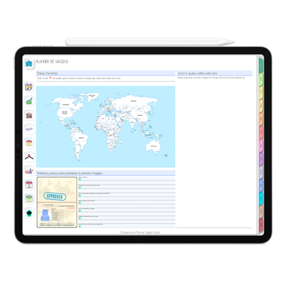 Página de planejamento de viagens. O Melhor Planner Digital 2025 Life In Colors do Mundo para planejar a vida pessoal e profissional, com ativação de lembretes apple calendar, google agenda e inteligência artificial AI Planner no ChatGPT. Planner Digital 2025 para iPad e Tablet Android, Tablet da Samsung. Planeje sua vida no melhor Planner Digital da Cadernos Planner Digital Brasil.