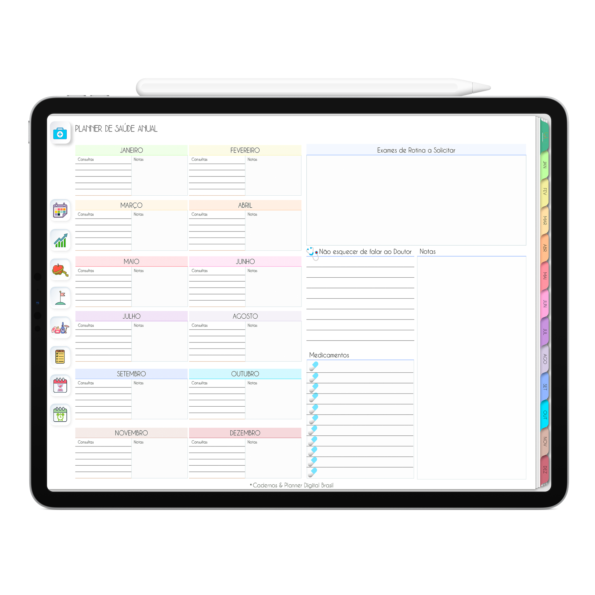 Planner de Saúde anual, com ativação lembretes apple calendar e google agenda e inteligência artificial AI Planner no ChatGPT. Planner Digital 2025 Gratuito download grátis do planner digital para iPad e Tablet Android, tablet da Samsung Planeje sua vida no melhor planner digital da Cadernos  Planner Digital Brasil