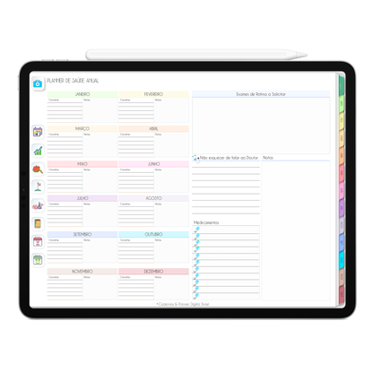 Página de planejamento de saúde anual. O Melhor Planner Digital 2025 Life In Colors do Mundo para planejar a vida pessoal e profissional, com ativação de lembretes apple calendar, google agenda e inteligência artificial AI Planner no ChatGPT. Planner Digital 2025 para iPad e Tablet Android, Tablet da Samsung. Planeje sua vida no melhor Planner Digital da Cadernos Planner Digital Brasil.