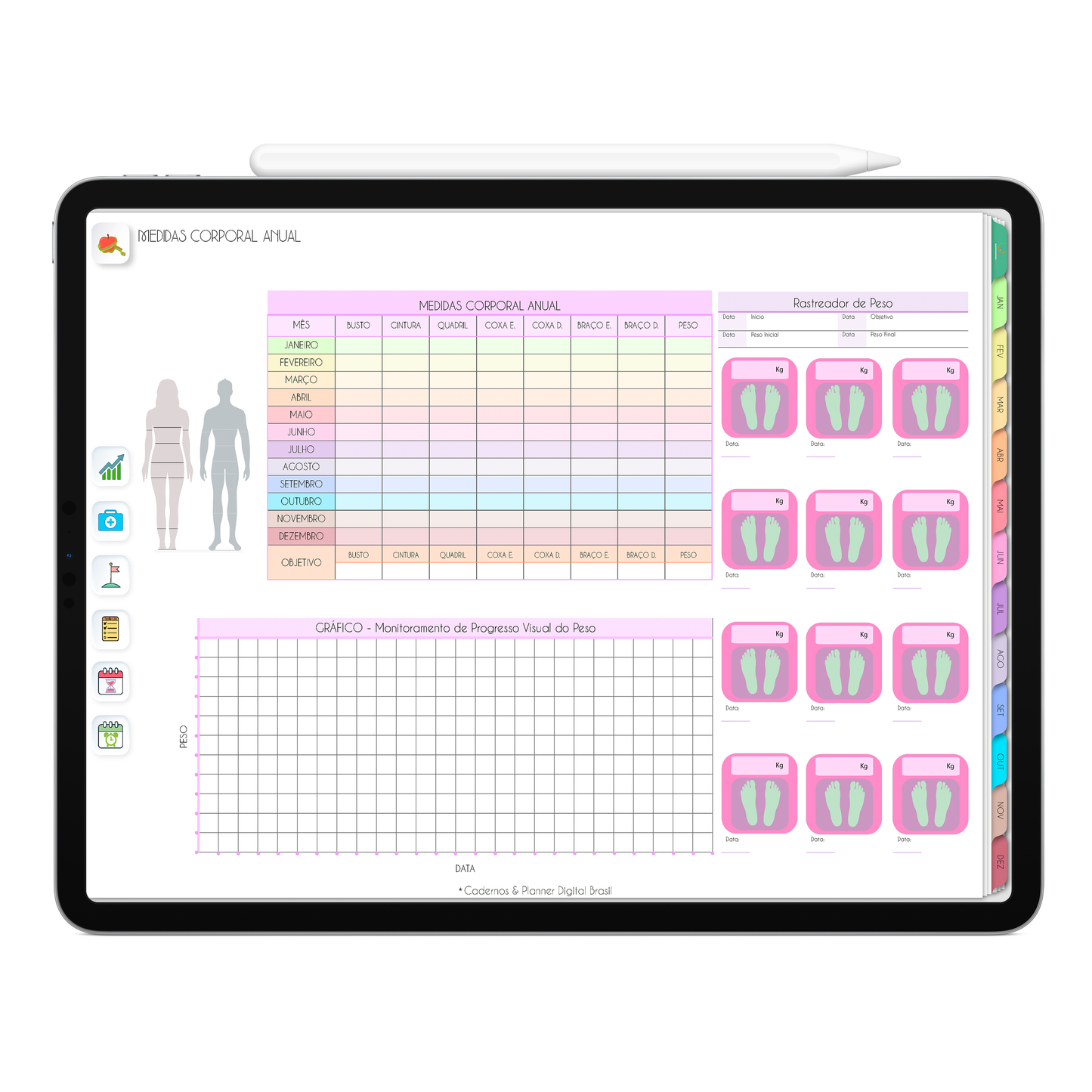 Medidas Corporal no planejamento anual, com ativação lembretes apple calendar e google agenda e inteligência artificial AI Planner no ChatGPT. Planner Digital 2025 Gratuito download grátis do planner digital para iPad e Tablet Android, tablet da Samsung Planeje sua vida no melhor planner digital da Cadernos  Planner Digital Brasil