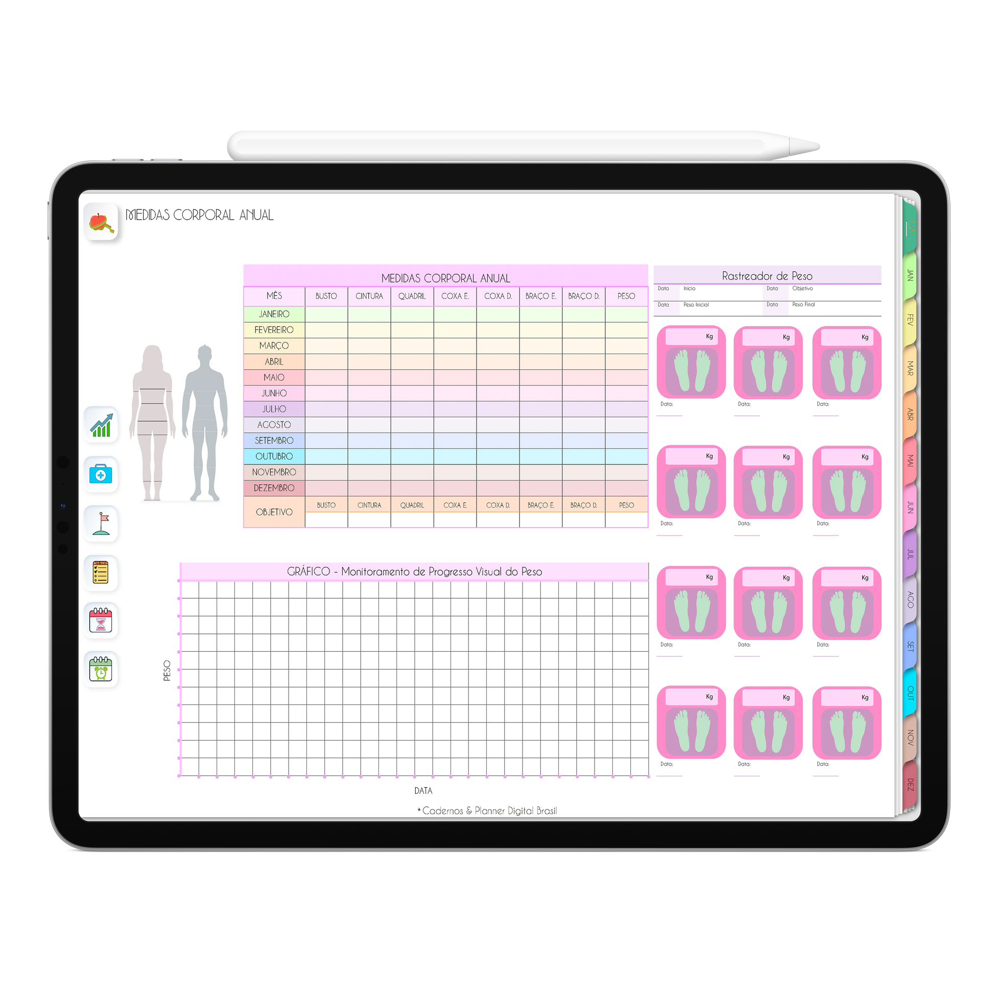 Medidas Corporal no planejamento anual, com ativação lembretes apple calendar e google agenda e inteligência artificial AI Planner no ChatGPT. Planner Digital 2025 Gratuito download grátis do planner digital para iPad e Tablet Android, tablet da Samsung Planeje sua vida no melhor planner digital da Cadernos  Planner Digital Brasil