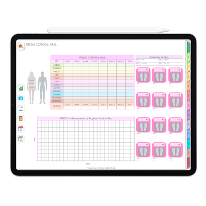 Medidas Corporal no planejamento anual, com ativação lembretes apple calendar e google agenda e inteligência artificial AI Planner no ChatGPT. Planner Digital 2025 Gratuito download grátis do planner digital para iPad e Tablet Android, tablet da Samsung Planeje sua vida no melhor planner digital da Cadernos  Planner Digital Brasil