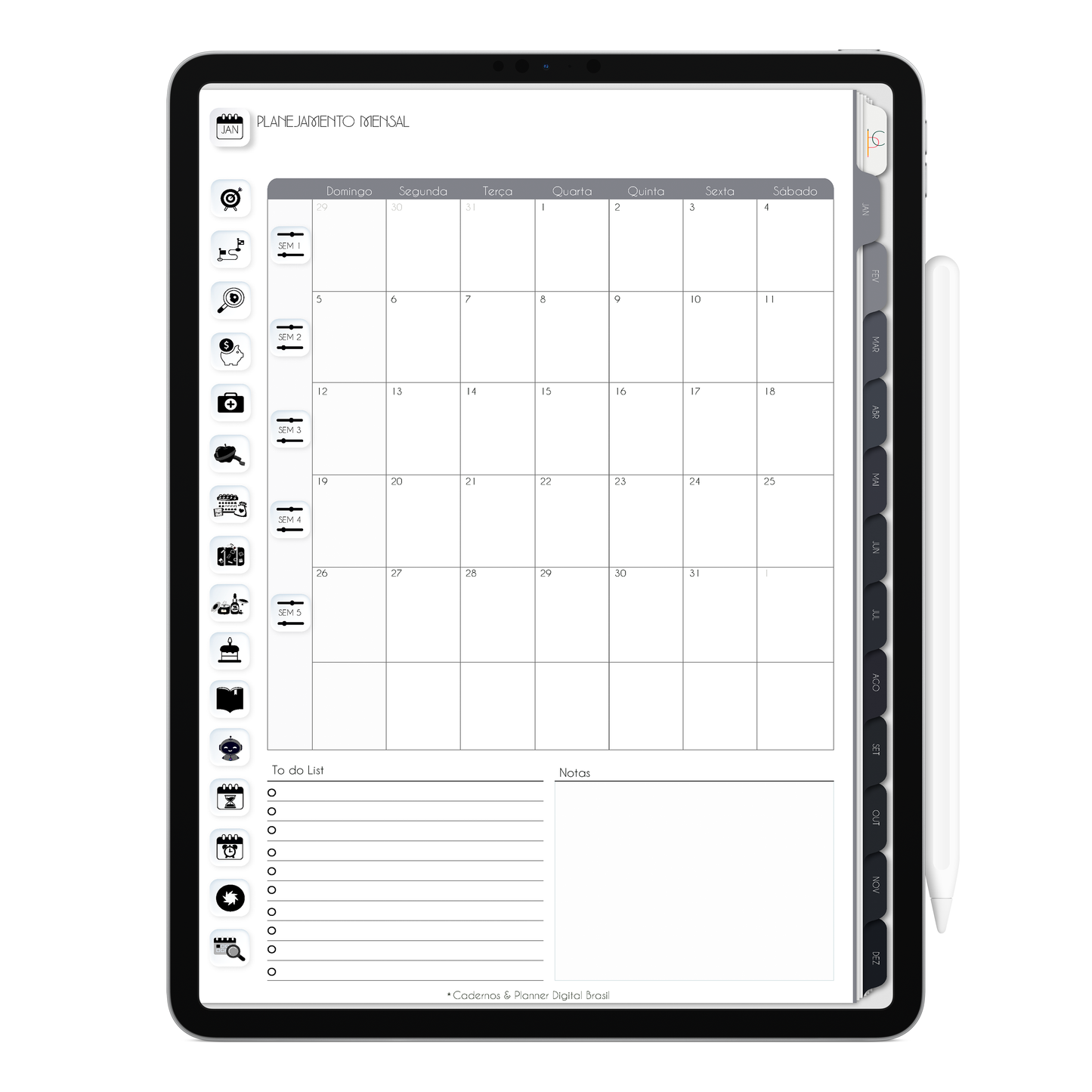 Planner Mensal, com ativação lembretes apple calendar e google agenda e inteligência artificial AI Planner no ChatGPT. Planner Digital 2025 Gratuito download grátis do planner digital para iPad e Tablet Android, tablet da Samsung Planeje sua vida no melhor planner digital da Cadernos  Planner Digital Brasil