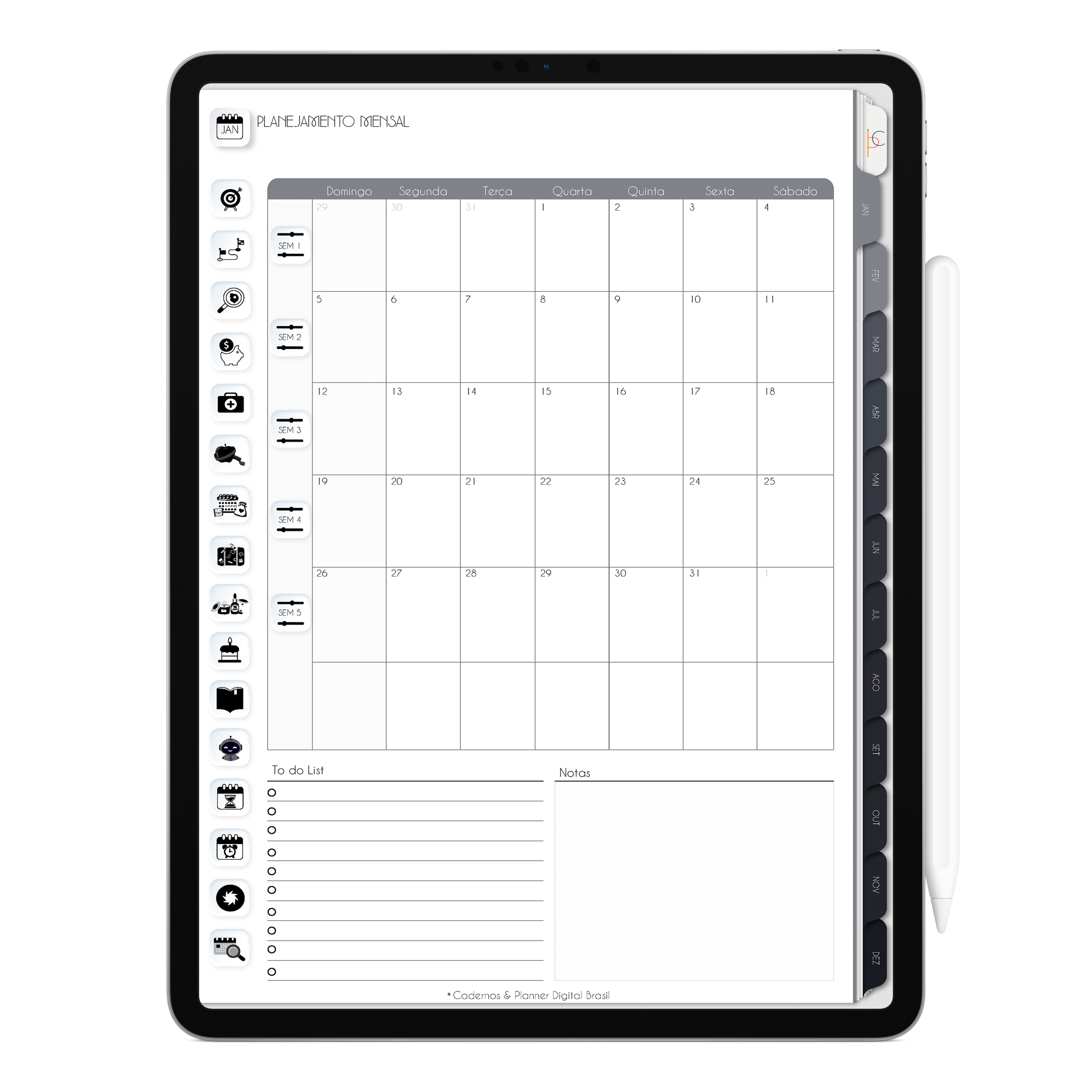 Planner Mensal, com ativação lembretes apple calendar e google agenda e inteligência artificial AI Planner no ChatGPT. Planner Digital 2025 Gratuito download grátis do planner digital para iPad e Tablet Android, tablet da Samsung Planeje sua vida no melhor planner digital da Cadernos  Planner Digital Brasil