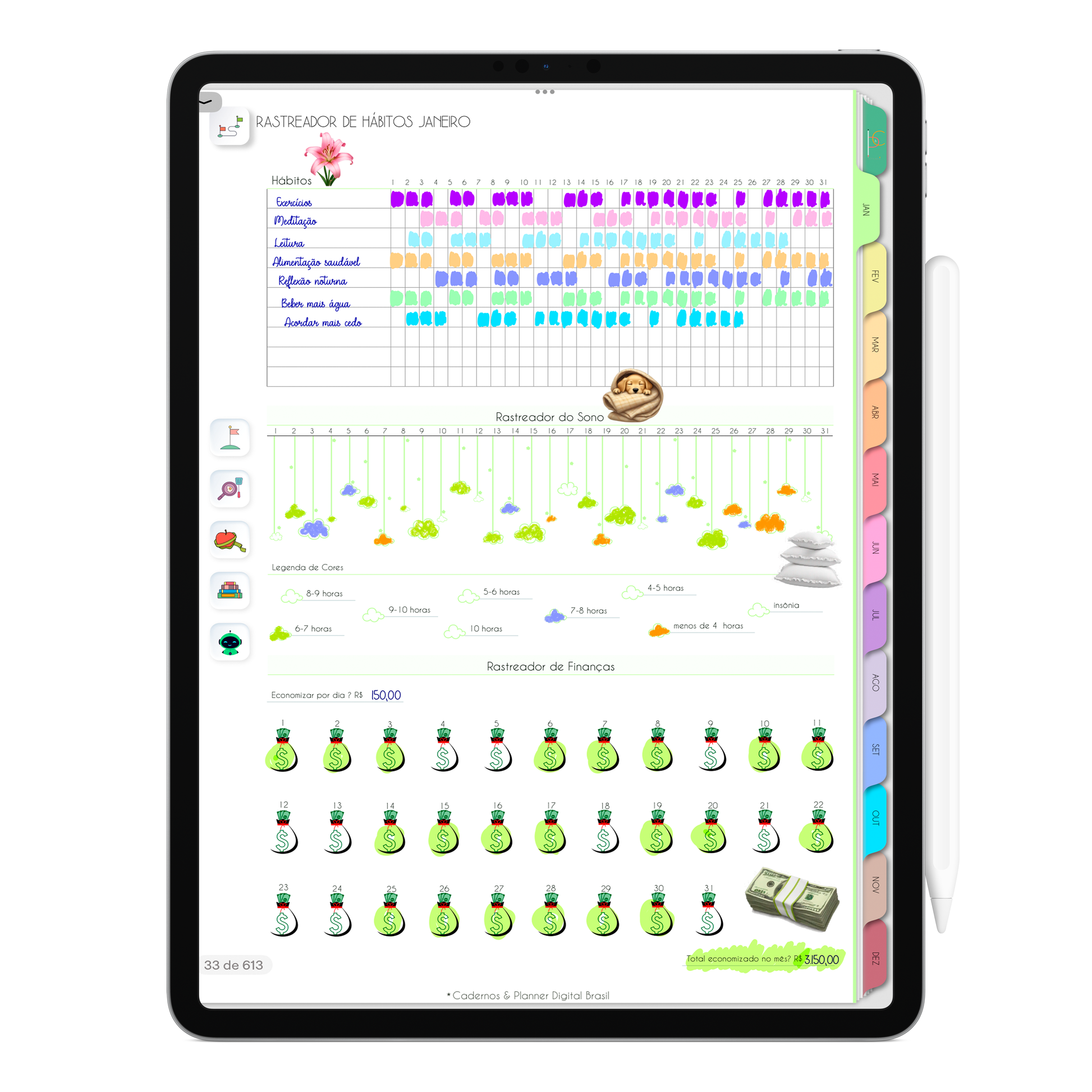 Página Rastreador Hábito Mensal. O Melhor Planner Digital 2025 do Mundo para planejar a vida pessoal e profissional, com ativação de lembretes apple calendar, google agenda e inteligência artificial AI Planner no ChatGPT. Planner Digital 2025 para iPad e Tablet Android, Tablet da Samsung. Planeje sua vida no melhor Planner Digital da Cadernos Planner Digital Brasil.