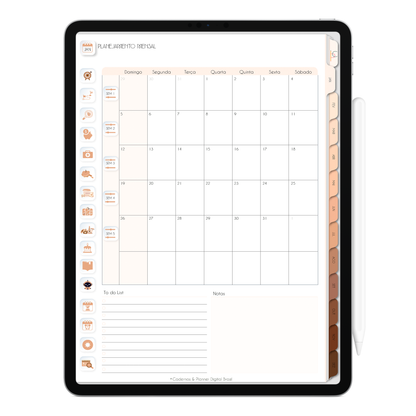 Planejamento mensal do Planner Digital Minimal Universe Mocha Nude com ativação lembretes apple calendar e google agenda e inteligência artificial AI Planner no ChatGPT. Planner Digital 2025 Gratuito download grátis do planner digital para iPad e Tablet Android, tablet da Samsung Planeje sua vida no melhor planner digital da Cadernos  Planner Digital Brasil
