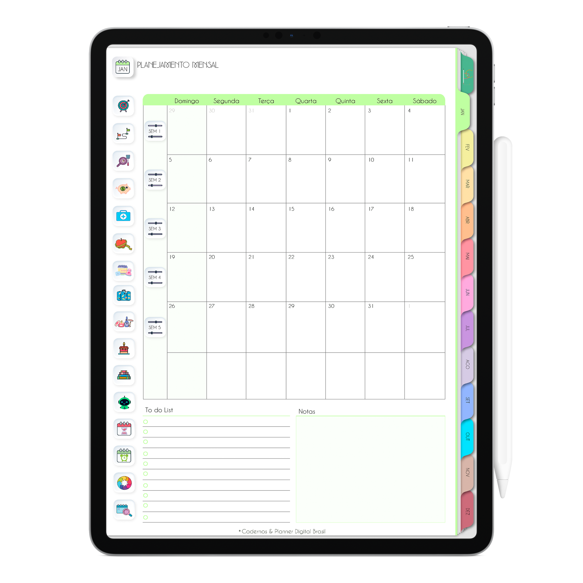 Planejamento mensal com ativação lembretes apple calendar e google agenda e inteligência artificial AI Planner. Planner Digital 2025 Gratuito download grátis do planner digital para iPad e Tablet Android, tablet da Samsung Planeje sua vida no melhor planner digital da Cadernos  Planner Digital Brasil