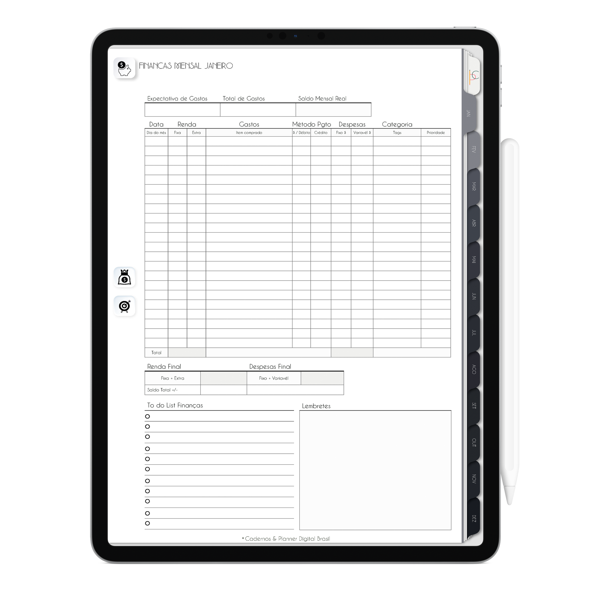 Planner de finanças Mensal, com ativação lembretes apple calendar e google agenda e inteligência artificial AI Planner no ChatGPT. Planner Digital 2025 Gratuito download grátis do planner digital para iPad e Tablet Android, tablet da Samsung Planeje sua vida no melhor planner digital da Cadernos  Planner Digital Brasil