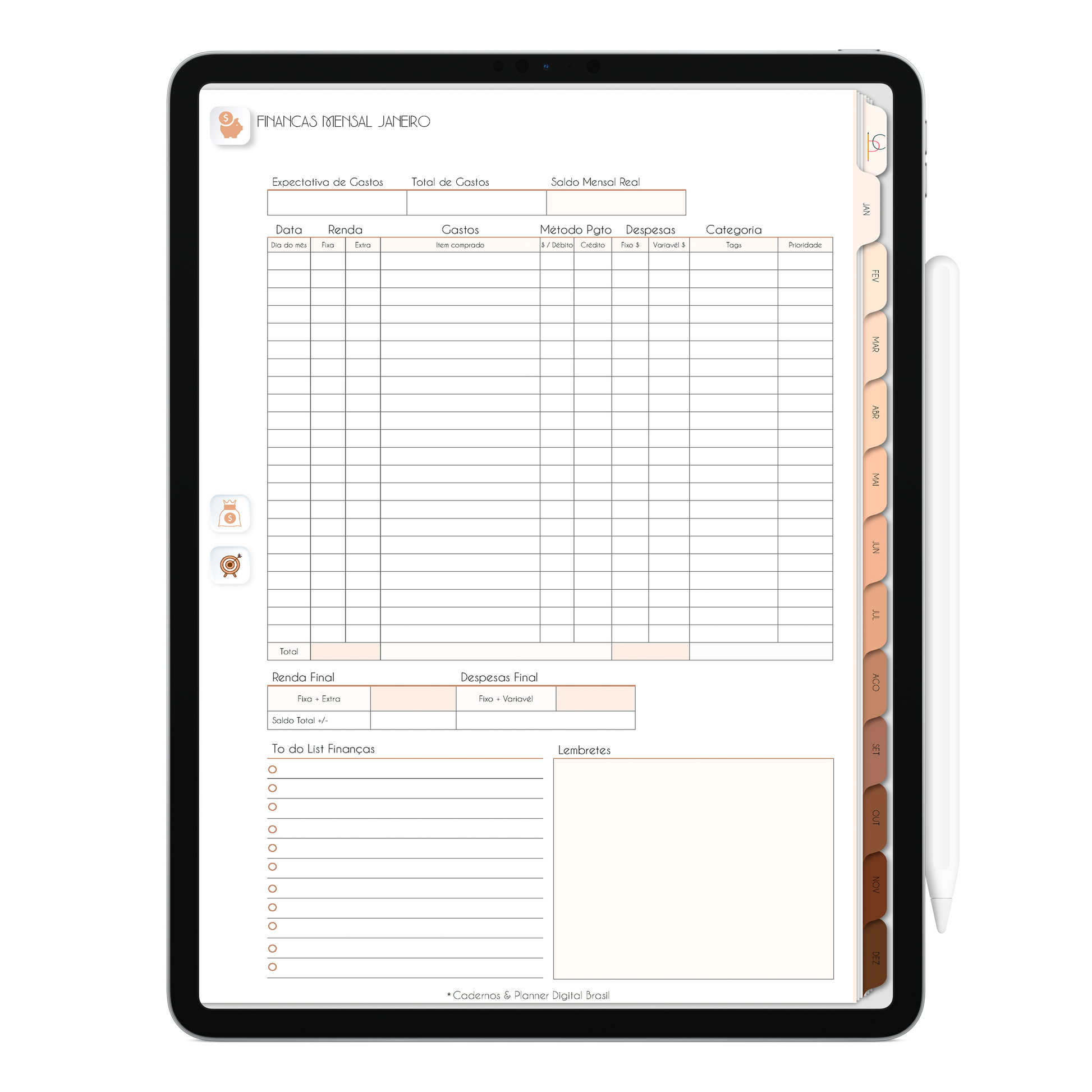 Planejamento finanças mensal do Planner Digital Minimal Universe Mocha Nude com ativação lembretes apple calendar e google agenda e inteligência artificial AI Planner no ChatGPT. Planner Digital 2025 Gratuito download grátis do planner digital para iPad e Tablet Android, tablet da Samsung Planeje sua vida no melhor planner digital da Cadernos  Planner Digital Brasil
