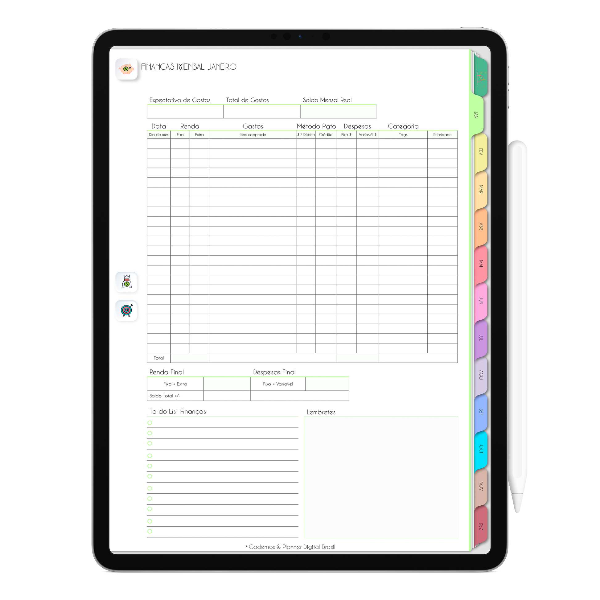 Planejamento finanças mensal, com ativação lembretes apple calendar e google agenda e inteligência artificial AI Planner. Planner Digital 2025 Gratuito download grátis do planner digital para iPad e Tablet Android, tablet da Samsung Planeje sua vida no melhor planner digital da Cadernos  Planner Digital Brasil