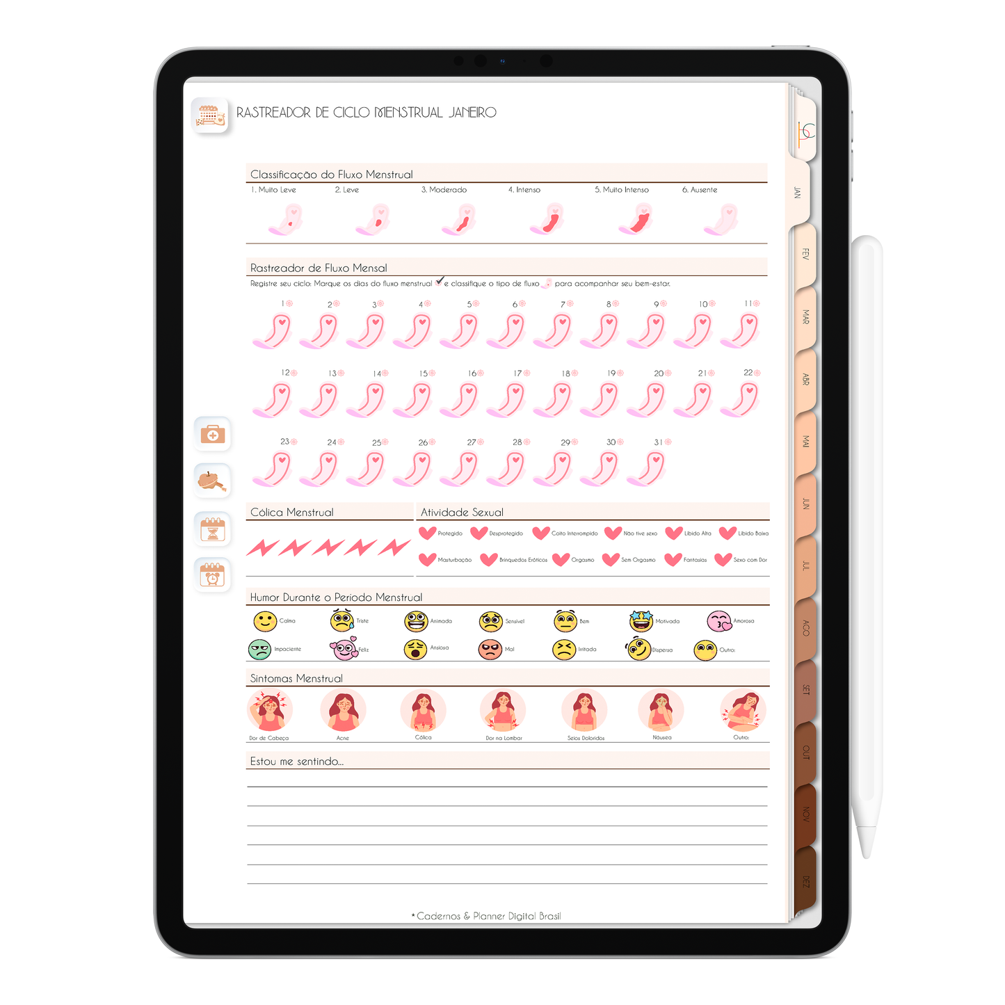 Página Rastreador Ciclo Menstrual Mensal. O Melhor Planner Digital 2025 do Mundo para planejar a vida pessoal e profissional, com ativação de lembretes apple calendar, google agenda e inteligência artificial AI Planner no ChatGPT. Planner Digital 2025 Minimal Universe para iPad e Tablet Android, Tablet da Samsung. Planeje sua vida no melhor Planner Digital da Cadernos Planner Digital Brasil.