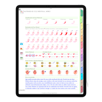 Página Rastreador Ciclo Menstrual Mensal. O Melhor Planner Digital 2025 do Mundo para planejar a vida pessoal e profissional, com ativação de lembretes apple calendar, google agenda e inteligência artificial AI Planner no ChatGPT. Planner Digital 2025 para iPad e Tablet Android, Tablet da Samsung. Planeje sua vida no melhor Planner Digital da Cadernos Planner Digital Brasil.