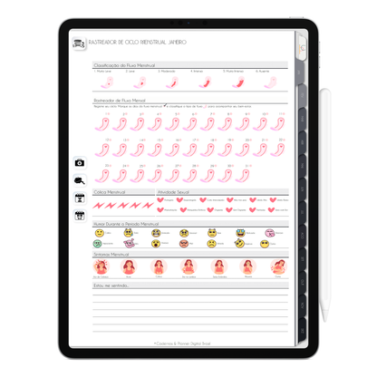 Página rastreador de ciclo menstrual. O Melhor Planner Digital 2025 Executivo do Mundo para planejar a vida pessoal e profissional, com ativação de lembretes apple calendar, google agenda e inteligência artificial AI Planner no ChatGPT. Planner Digital 2025 para iPad e Tablet Android, Tablet da Samsung. Planeje sua vida no melhor Planner Digital da Cadernos Planner Digital Brasil.