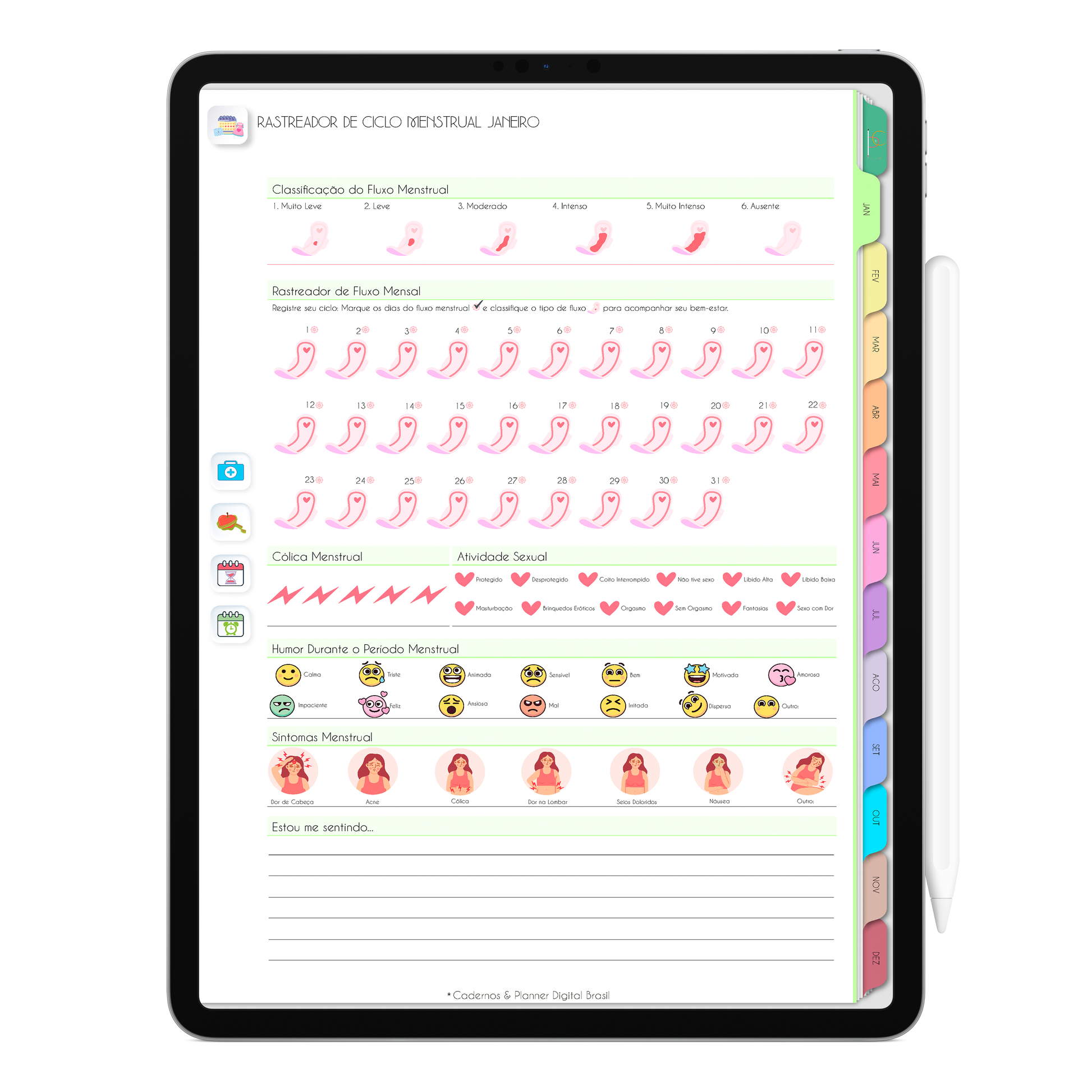 Planejamento Rastreador Ciclo Menstrual com ativação lembretes apple calendar e google agenda e inteligência artificial AI Planner. Planner Digital 2025 Gratuito download grátis do planner digital para iPad e Tablet Android, tablet da Samsung Planeje sua vida no melhor planner digital da Cadernos  Planner Digital Brasil