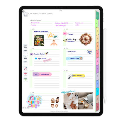 Página Planner Semanal. O Melhor Planner Digital 2025 do Mundo para planejar a vida pessoal e profissional, com ativação de lembretes apple calendar, google agenda e inteligência artificial AI Planner no ChatGPT. Planner Digital 2025 para iPad e Tablet Android, Tablet da Samsung. Planeje sua vida no melhor Planner Digital da Cadernos Planner Digital Brasil.