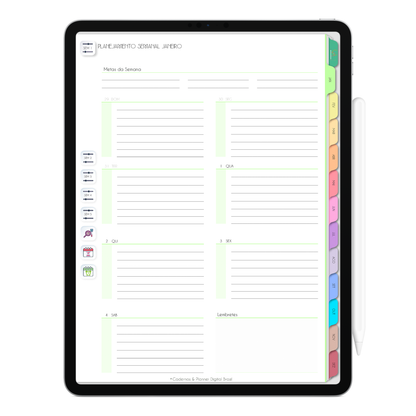 Planejamento semanal com ativação lembretes apple calendar e google agenda e inteligência artificial AI Planner. Planner Digital 2025 Gratuito download grátis do planner digital para iPad e Tablet Android, tablet da Samsung Planeje sua vida no melhor planner digital da Cadernos  Planner Digital Brasil