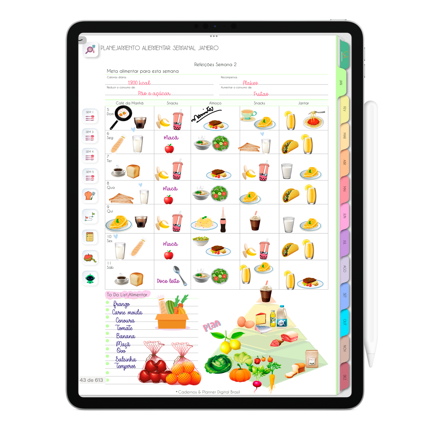 Página Planner Alimentar Semanal. O Melhor Planner Digital 2025 do Mundo para planejar a vida pessoal e profissional, com ativação de lembretes apple calendar, google agenda e inteligência artificial AI Planner no ChatGPT. Planner Digital 2025 para iPad e Tablet Android, Tablet da Samsung. Planeje sua vida no melhor Planner Digital da Cadernos Planner Digital Brasil.