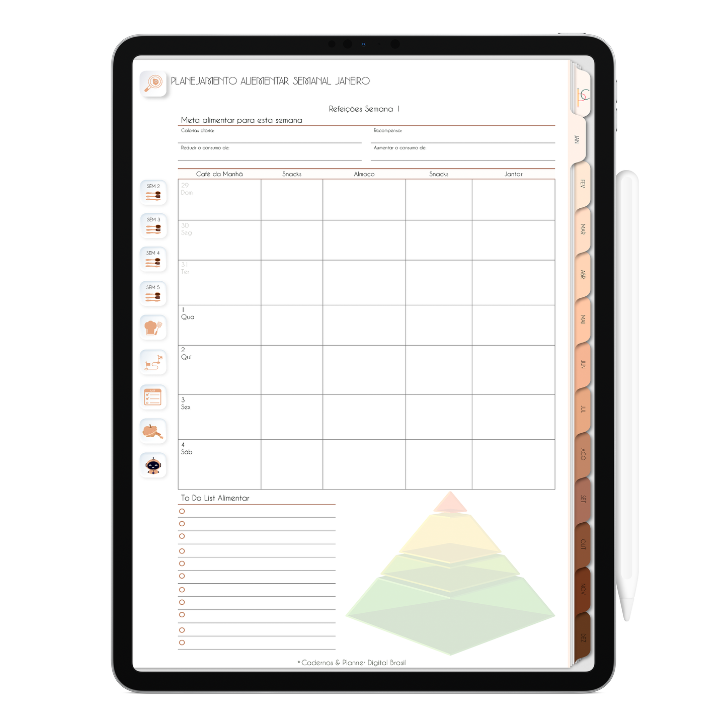 Planejamento alimentar semanal para 52 semanas do ano, no Planner Digital Minimal Universe Mocha Nude com ativação lembretes apple calendar e google agenda e inteligência artificial AI Planner no ChatGPT. Planner Digital 2025 Gratuito download grátis do planner digital para iPad e Tablet Android, tablet da Samsung Planeje sua vida no melhor planner digital da Cadernos  Planner Digital Brasil
