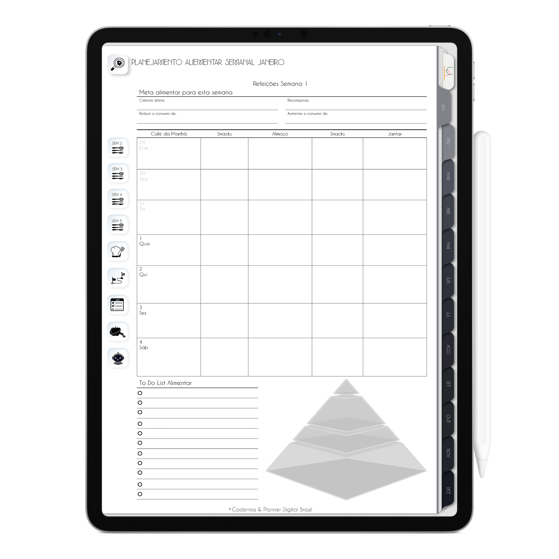 Planejamento alimentar para 52 semanas do ano, com ativação lembretes apple calendar e google agenda e inteligência artificial AI Planner no ChatGPT. Planner Digital 2025 Gratuito download grátis do planner digital para iPad e Tablet Android, tablet da Samsung Planeje sua vida no melhor planner digital da Cadernos  Planner Digital Brasil