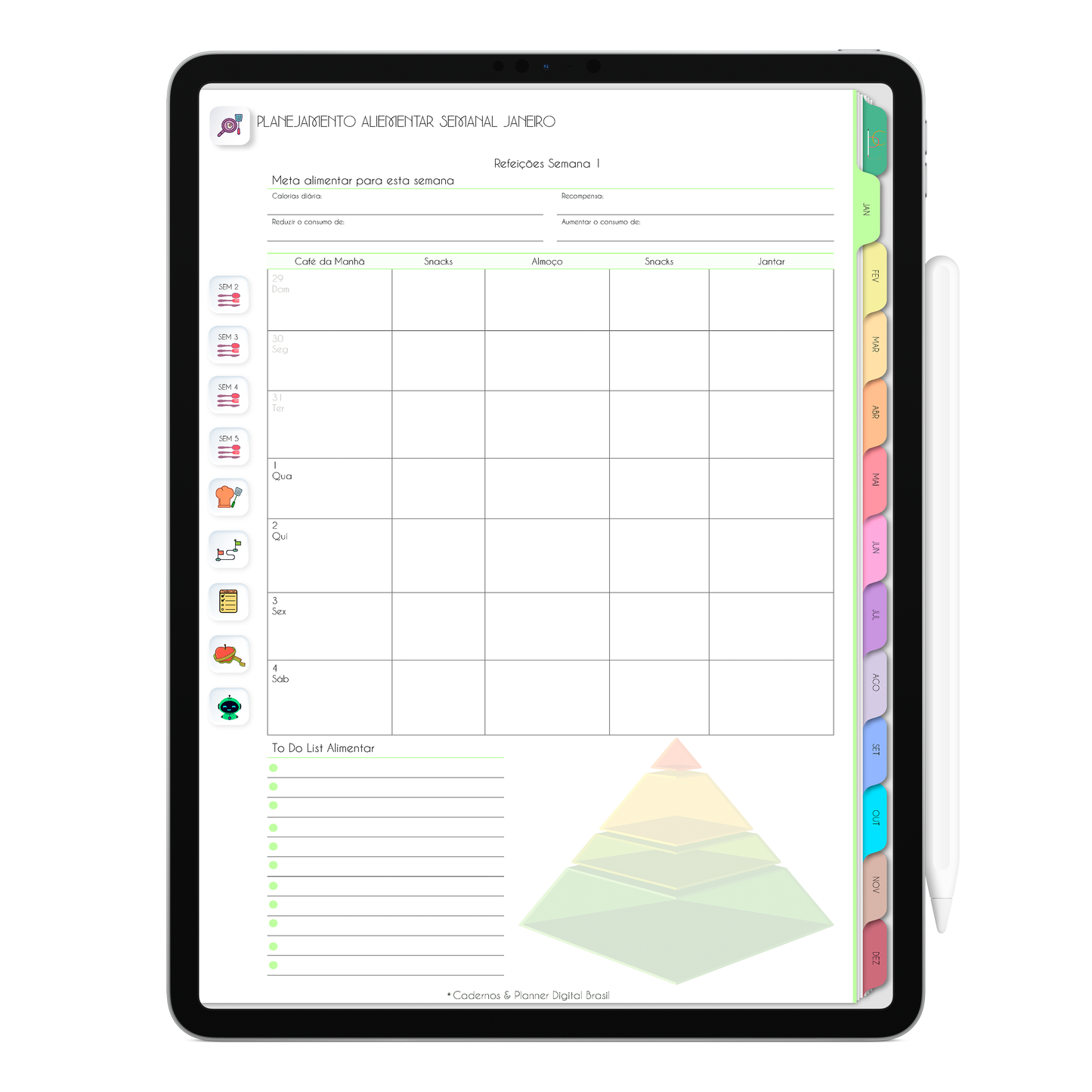 Planejamento alimentar semanal para as 52 semanas do ano. com ativação lembretes apple calendar e google agenda e inteligência artificial AI Planner. Planner Digital 2025 Gratuito download grátis do planner digital para iPad e Tablet Android, tablet da Samsung Planeje sua vida no melhor planner digital da Cadernos  Planner Digital Brasil