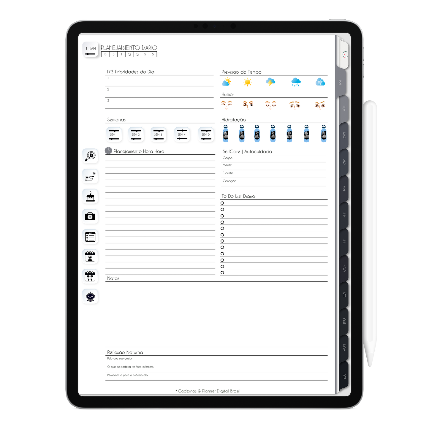 Planejamento diário com agendamento hora hora, com ativação lembretes apple calendar e google agenda e inteligência artificial AI Planner no ChatGPT. Planner Digital 2025 Gratuito download grátis do planner digital para iPad e Tablet Android, tablet da Samsung Planeje sua vida no melhor planner digital da Cadernos  Planner Digital Brasil