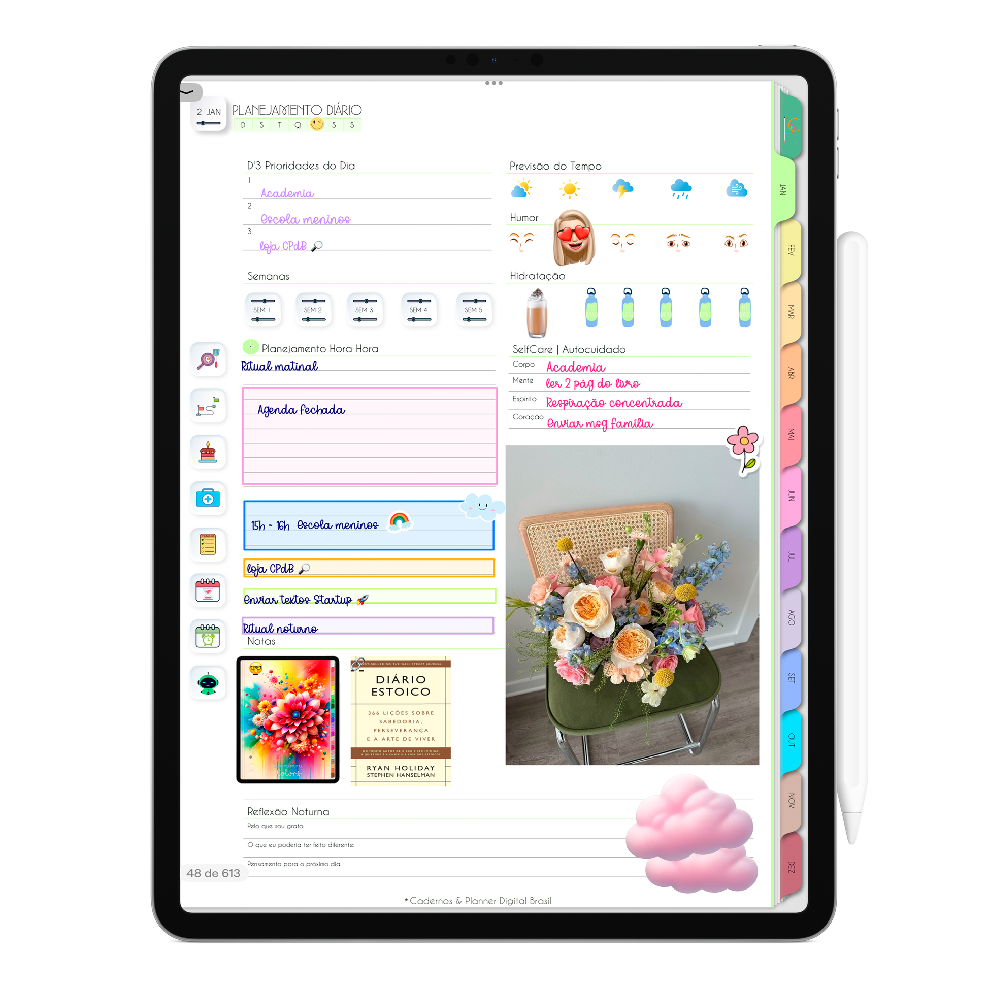 Página Planner Diário agendamento hora hora. O Melhor Planner Digital 2025 do Mundo para planejar a vida pessoal e profissional, com ativação de lembretes apple calendar, google agenda e inteligência artificial AI Planner no ChatGPT. Planner Digital 2025 para iPad e Tablet Android, Tablet da Samsung. Planeje sua vida no melhor Planner Digital da Cadernos Planner Digital Brasil.