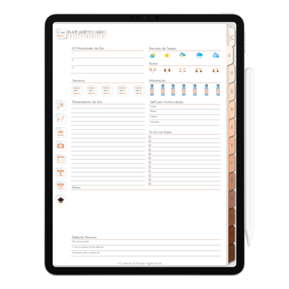 Planejamento do dia com agendamento hora hora do Planner Digital Minimal Universe Mocha Nude com ativação lembretes apple calendar e google agenda e inteligência artificial AI Planner no ChatGPT. Planner Digital 2025 Gratuito download grátis do planner digital para iPad e Tablet Android, tablet da Samsung Planeje sua vida no melhor planner digital da Cadernos  Planner Digital Brasil