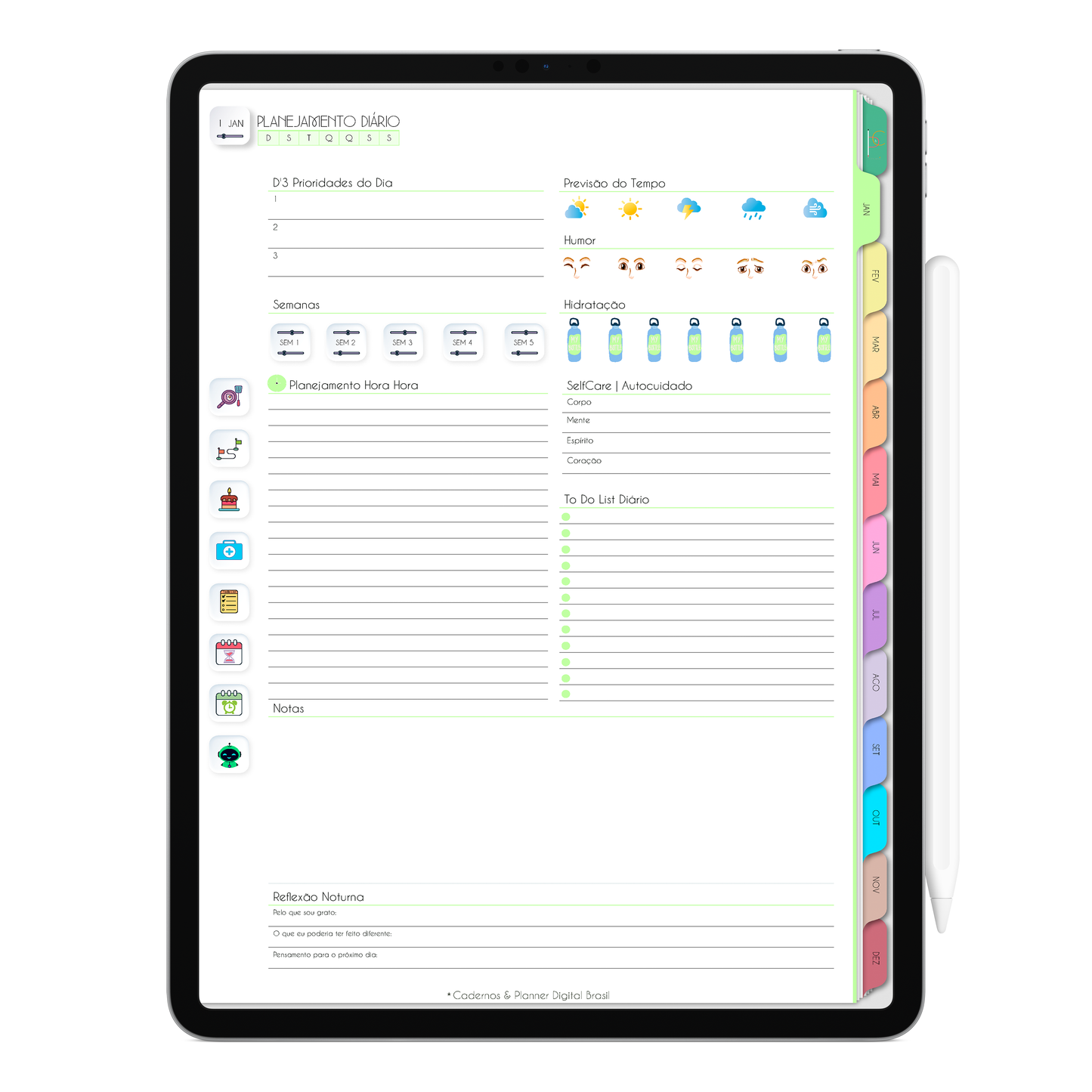 Planejamento diário com selfcare, reflexão, agendamento hora hora, com ativação lembretes apple calendar e google agenda e inteligência artificial AI Planner. Planner Digital 2025 Gratuito download grátis do planner digital para iPad e Tablet Android, tablet da Samsung Planeje sua vida no melhor planner digital da Cadernos  Planner Digital Brasil