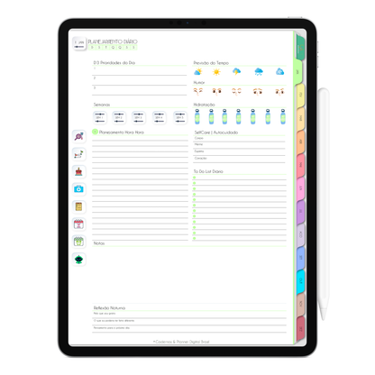 Planejamento diário com selfcare, reflexão, agendamento hora hora, com ativação lembretes apple calendar e google agenda e inteligência artificial AI Planner. Planner Digital 2025 Gratuito download grátis do planner digital para iPad e Tablet Android, tablet da Samsung Planeje sua vida no melhor planner digital da Cadernos  Planner Digital Brasil