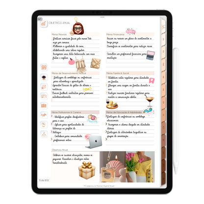 Página Objetivo Anual. O Melhor Planner Digital 2025 do Mundo para planejar a vida pessoal e profissional, com ativação de lembretes apple calendar, google agenda e inteligência artificial AI Planner no ChatGPT. Planner Digital 2025 Minimal Universe para iPad e Tablet Android, Tablet da Samsung. Planeje sua vida no melhor Planner Digital da Cadernos Planner Digital Brasil.