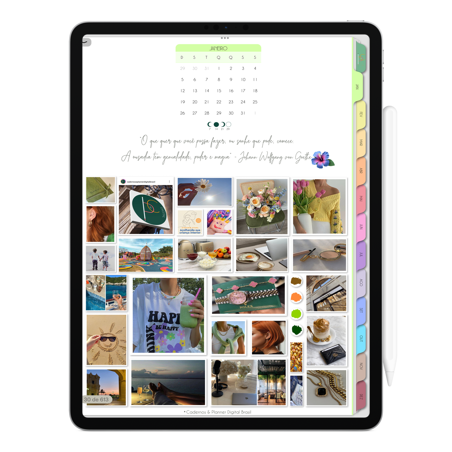 Página MoodBoard Mensal. O Melhor Planner Digital 2025 do Mundo para planejar a vida pessoal e profissional, com ativação de lembretes apple calendar, google agenda e inteligência artificial AI Planner no ChatGPT. Planner Digital 2025 para iPad e Tablet Android, Tablet da Samsung. Planeje sua vida no melhor Planner Digital da Cadernos Planner Digital Brasil.