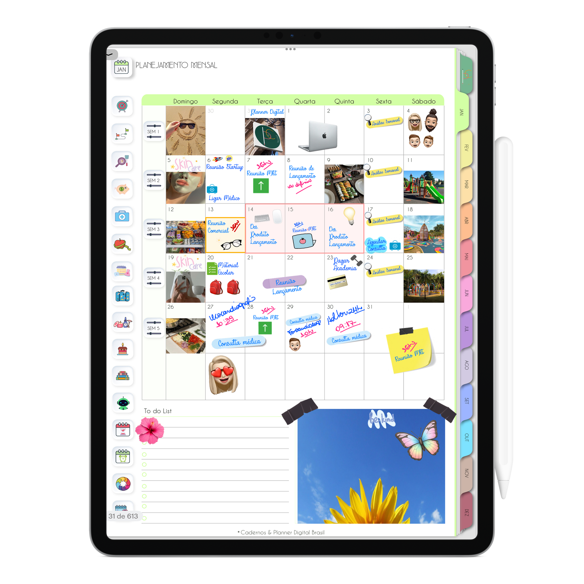 Página Planner Mensal. O Melhor Planner Digital 2025 do Mundo para planejar a vida pessoal e profissional, com ativação de lembretes apple calendar, google agenda e inteligência artificial AI Planner no ChatGPT. Planner Digital 2025 para iPad e Tablet Android, Tablet da Samsung. Planeje sua vida no melhor Planner Digital da Cadernos Planner Digital Brasil.