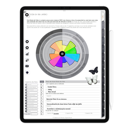 Página da Roda da Vida. O Melhor Planner Digital 2025 Executivo do Mundo para planejar a vida pessoal e profissional, com ativação de lembretes apple calendar, google agenda e inteligência artificial AI Planner no ChatGPT. Planner Digital 2025 para iPad e Tablet Android, Tablet da Samsung. Planeje sua vida no melhor Planner Digital da Cadernos Planner Digital Brasil.