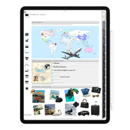 Página de Plano de viagens. O Melhor Planner Digital 2025 Executivo do Mundo para planejar a vida pessoal e profissional, com ativação de lembretes apple calendar, google agenda e inteligência artificial AI Planner no ChatGPT. Planner Digital 2025 para iPad e Tablet Android, Tablet da Samsung. Planeje sua vida no melhor Planner Digital da Cadernos Planner Digital Brasil.