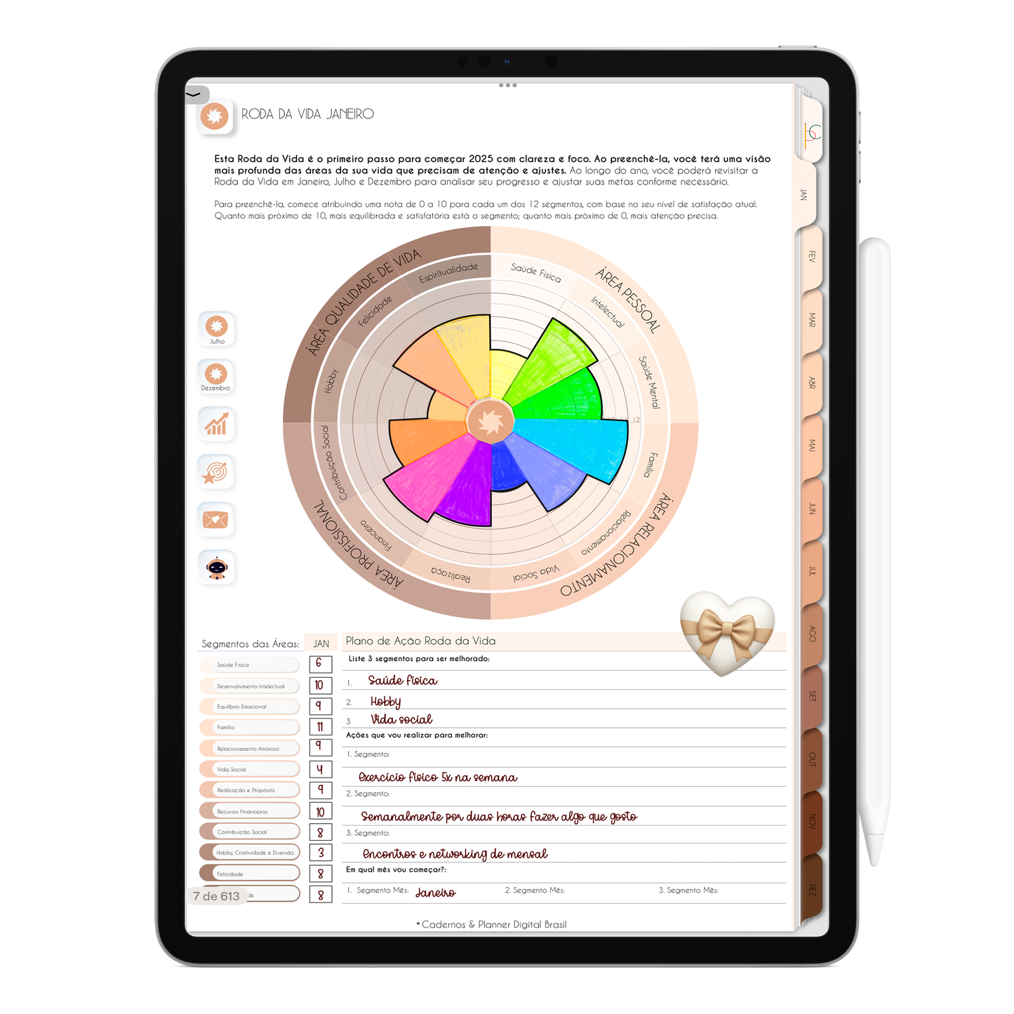 Página Roda da Vida Mensal. O Melhor Planner Digital 2025 do Mundo para planejar a vida pessoal e profissional, com ativação de lembretes apple calendar, google agenda e inteligência artificial AI Planner no ChatGPT. Planner Digital 2025 Minimal Universe para iPad e Tablet Android, Tablet da Samsung. Planeje sua vida no melhor Planner Digital da Cadernos Planner Digital Brasil.