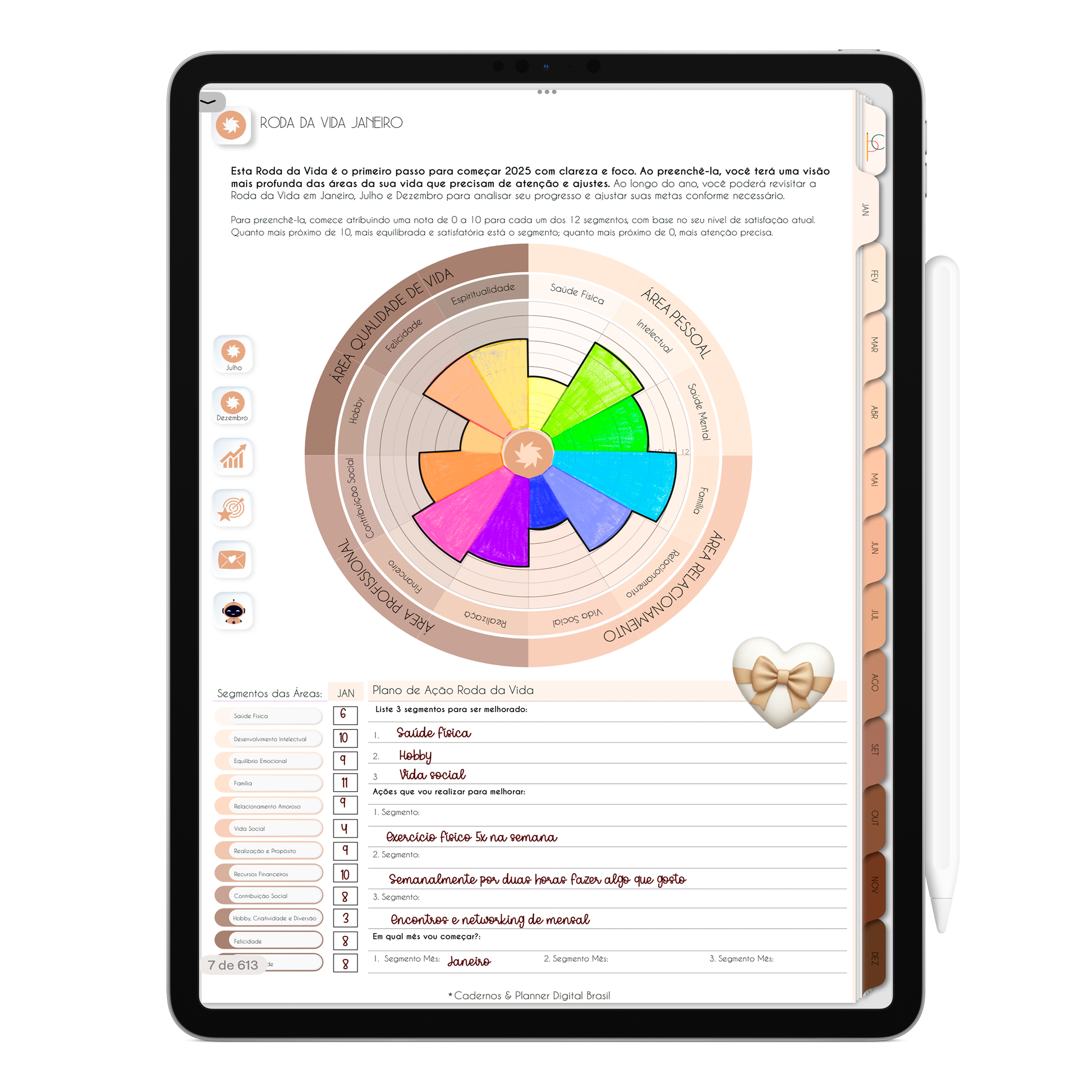 Página Roda da Vida Mensal. O Melhor Planner Digital 2025 do Mundo para planejar a vida pessoal e profissional, com ativação de lembretes apple calendar, google agenda e inteligência artificial AI Planner no ChatGPT. Planner Digital 2025 Minimal Universe para iPad e Tablet Android, Tablet da Samsung. Planeje sua vida no melhor Planner Digital da Cadernos Planner Digital Brasil.