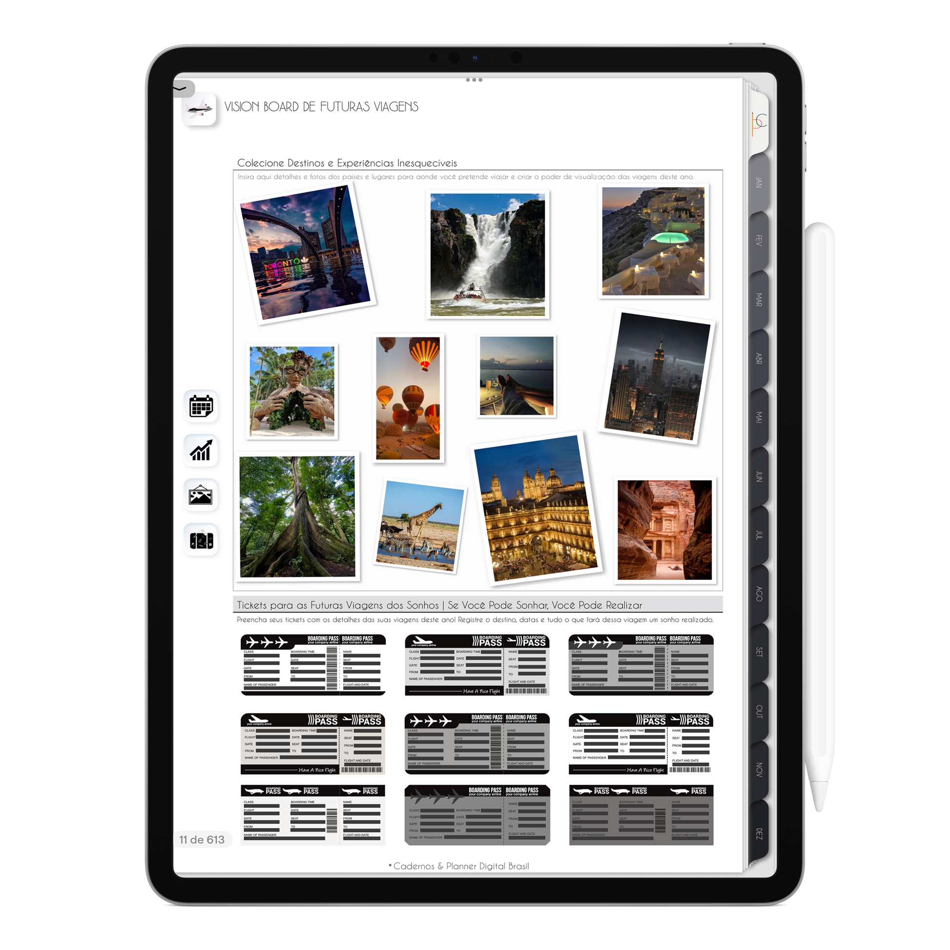 Página de Vision Board de viagens. O Melhor Planner Digital 2025 Executivo do Mundo para planejar a vida pessoal e profissional, com ativação de lembretes apple calendar, google agenda e inteligência artificial AI Planner no ChatGPT. Planner Digital 2025 para iPad e Tablet Android, Tablet da Samsung. Planeje sua vida no melhor Planner Digital da Cadernos Planner Digital Brasil.