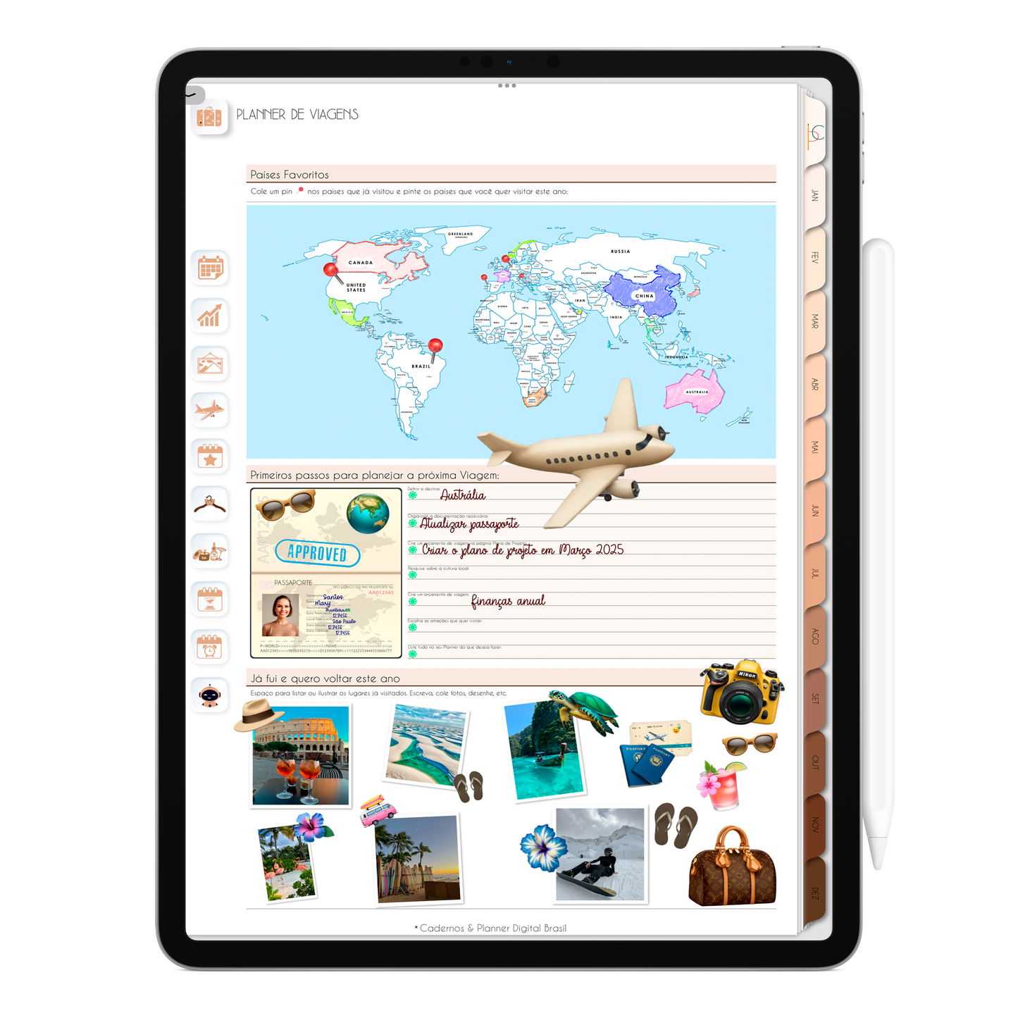 Página Planner de Viagens. O Melhor Planner Digital 2025 do Mundo para planejar a vida pessoal e profissional, com ativação de lembretes apple calendar, google agenda e inteligência artificial AI Planner no ChatGPT. Planner Digital 2025 Minimal Universe para iPad e Tablet Android, Tablet da Samsung. Planeje sua vida no melhor Planner Digital da Cadernos Planner Digital Brasil.