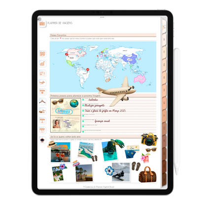 Página Planner de Viagens. O Melhor Planner Digital 2025 do Mundo para planejar a vida pessoal e profissional, com ativação de lembretes apple calendar, google agenda e inteligência artificial AI Planner no ChatGPT. Planner Digital 2025 Minimal Universe para iPad e Tablet Android, Tablet da Samsung. Planeje sua vida no melhor Planner Digital da Cadernos Planner Digital Brasil.