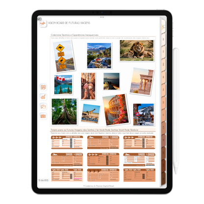 Página Planejamento de Futuras Viagens. O Melhor Planner Digital 2025 do Mundo para planejar a vida pessoal e profissional, com ativação de lembretes apple calendar, google agenda e inteligência artificial AI Planner no ChatGPT. Planner Digital 2025 Minimal Universe para iPad e Tablet Android, Tablet da Samsung. Planeje sua vida no melhor Planner Digital da Cadernos Planner Digital Brasil.